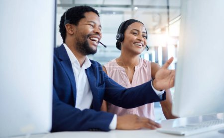 Man, black woman or computer training in call center office, crm consulting startup or b2b telemarketing sales company. Smile, happy or learning intern on consultant tech with contact us mentor help.