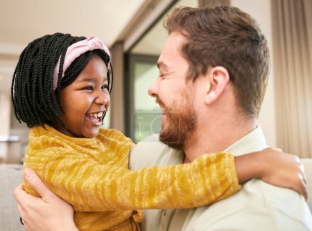 Photo for Black girl, adoption or father in hug in living room or house, family home or orphanage with foster success, support or love trust. Smile, happy child or excited kid bonding with dad, man or parent. - Royalty Free Image