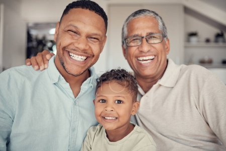 Photo for Father, grandfather and boy in family portrait at house or Brazilian home living room in trust, love and support. Smile, happy child and kid bonding with dad, parent or retirement elderly grandparent. - Royalty Free Image