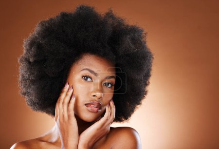Photo for Black woman, afro hair or skincare face glow on studio background for dermatology wellness, cosmetology routine or hair care. Portrait, natural hair or beauty model with makeup cosmetics in self love. - Royalty Free Image