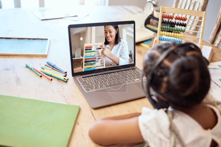 Photo for Kid student, study online with laptop and learning mathematics, counting and numbers with digital teacher. Elearning course, abacus and child listening to lecture on headphones on a living room table. - Royalty Free Image