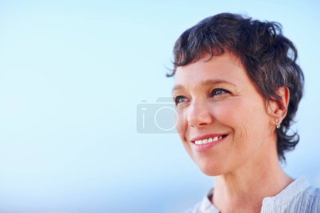 Photo for Business woman looking at something. Closeup attractive business woman smiling looking at something - Royalty Free Image