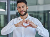 Business man, heart emoji and smile of CEO, boss or leader for charity, support and thank you sign in office with happiness and pride. Portrait of entrepreneur happy about growth, trust and kindness. Poster #623845844