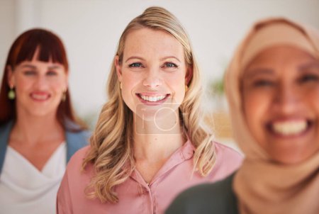 Photo for Diversity portrait, leadership or business woman for motivation, empowerment or teamwork in office with smile. Happy women, collaboration or business people in company vision support, mission or goal. - Royalty Free Image