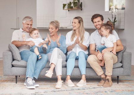 Big family, grandparents and children on sofa in living room for holiday, baby language communication learning and love together. Happy, senior people with mother, father and kids on couch bonding.
