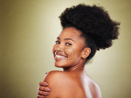 Face portrait, skincare and back of black woman in studio on green background mockup. Makeup, aesthetics and wellness of happy female model from Nigeria with healthy, glowing skin and natural beauty