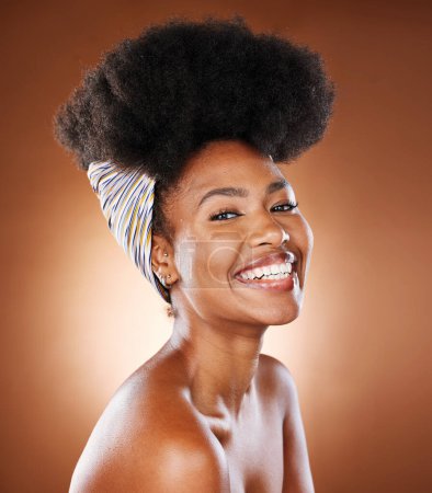 Photo for Black woman, afro hair and skincare glow on studio background in healthcare wellness, face dermatology or cosmetology. Portrait, smile or happy beauty model with natural hair, head scarf and makeup. - Royalty Free Image
