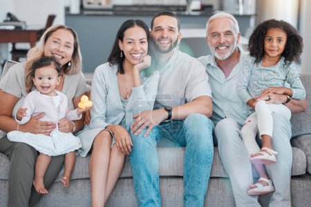 Big family portrait, love and living room in family home, house and sofa lounge, relax and bonding together. Grandparents, parents and smile kids of happy family, diversity and quality time on couch.
