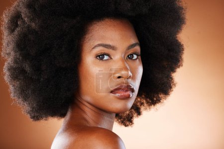 Photo for Beauty portrait of black woman with skincare, hair care and natural makeup for facial aesthetics, wellness and healthcare. Salon afro hair, cosmetics and face of model with glowing skin treatment. - Royalty Free Image