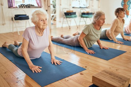 Téléchargez les photos : Yoga, étirements et femmes âgées dans une communauté de spa de bien-être, de réadaptation et de retraite pour l'exercice, la forme physique et la santé. Entraînement, pilates et personnes âgées en bonne santé, amis ou groupe sur le sol. - en image libre de droit