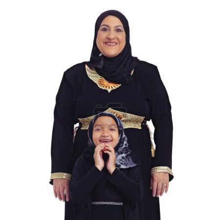 Photo for Grandma keeps me laughing. Studio portrait of a happy muslim grandmother and granddaughter isolated on white - Royalty Free Image