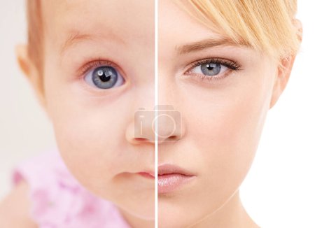 Photo for Shes no baby anymore. Split screen shot of a woman as a baby and as she is today - Royalty Free Image