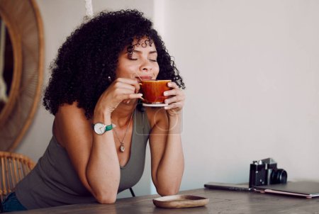 Photo for Black woman, smelling or coffee cup in restaurant, cafe or coffee shop for organic chai, matcha or local retail caffeine. Smile, happy or relax bistro customer, student or entrepreneur or morning tea. - Royalty Free Image