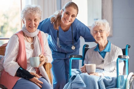 Nursing home, portrait and nurse with senior women after a healthcare checkup, exam or consultation. Happy, medical and caregiver or doctor standing with elderly friends in the retirement facility