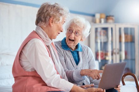 Photo for Friends laptop or senior woman with wow for communication, social media video or streaming online. Happy, smile or elderly women with tech for gambling winner, online shopping or search the internet. - Royalty Free Image
