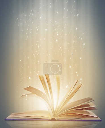 El mágico mundo de la imaginación espera. Un libro sobre un fondo aislado con un brillo brillante y mágico que emana de él