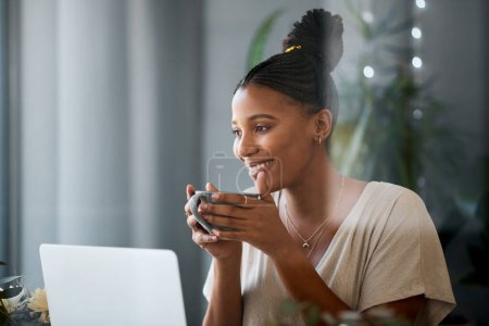 Photo for Coffee, laptop and black women relax in a living room, drinking coffee and watching internet show. Tea, online show tv show and black woman enjoy day off, weekend and streaming entertainment mockup. - Royalty Free Image