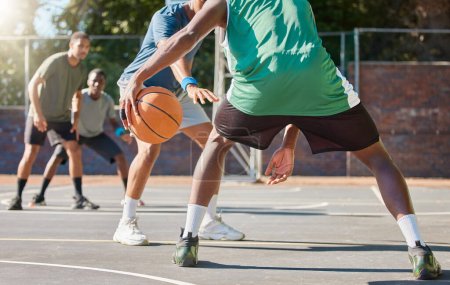 Photo for Sports, training and teamwork with friends on basketball court for fitness, health and performance. Competition, games and summer with basketball player for exercise, workout and energy together. - Royalty Free Image