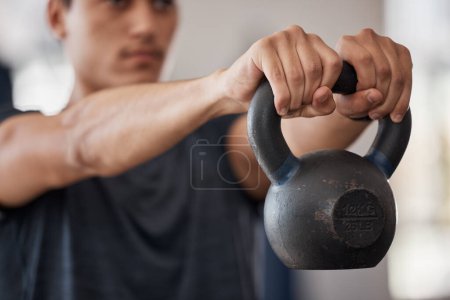 Photo for Man, kettlebell and weightlifting hands in closeup at gym for training, exercise or health with focus. Bodybuilder, strong and workout for healthy body, wellness or muscle development for fitness. - Royalty Free Image