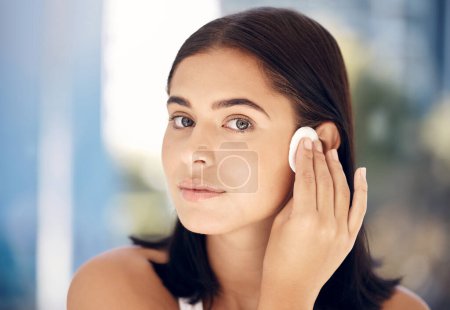 Photo for Makeup, woman skincare and cotton pad face cleaning of a model doing a wellness facial. Young female portrait with cosmetics, dermatology and youth beauty wash with skin glow and health shine. - Royalty Free Image
