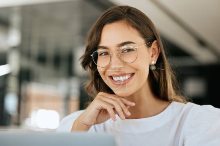 Photo for Creative, woman and portrait smile with glasses for vision, career ambition or success at the office. Happy female employee designer face smiling with teeth in happiness or satisfaction at workplace. - Royalty Free Image