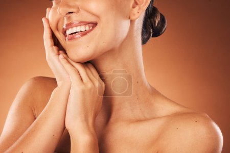 Photo for Wellness, skincare and teeth health of woman with veneers, self care and dental treatment satisfaction. Healthy smile and hygiene of cosmetic model girl with clean skin on brown studio background - Royalty Free Image