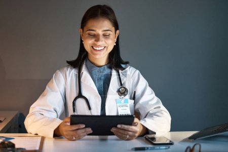 Digital tablet, woman and doctor doing research for medical innovation, medicine or science. Technology, professional and healthcare worker analyzing test results on a mobile device at the clinic
