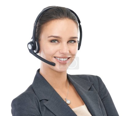 Here to answer any customer question. Studio shot of an attractive customer service representative isolated on white