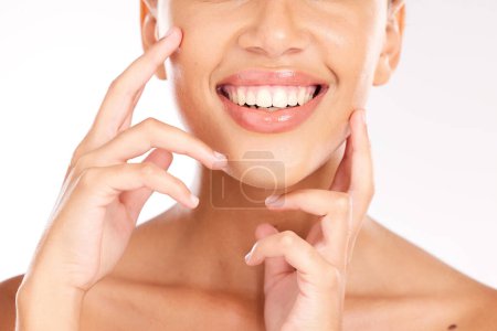 Photo for Woman, face and teeth wellness close up for beauty, happy dental care or luxury hygiene cleaning. Dentist, oral health happiness and veneers healthcare, teeth whitening treatment or facial cosmetics. - Royalty Free Image