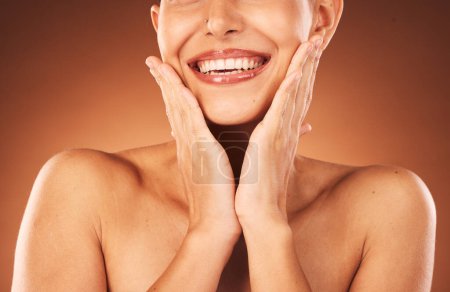 Photo for Beauty, skincare and teeth, woman hands touching face for facial and cosmetics against studio background. Dental, lips and teeth whitening with veneers, wellness and cosmetic treatment with botox - Royalty Free Image