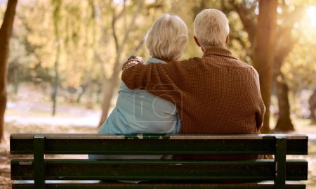 Love, hug and old couple in a park on a bench for a calm, peaceful or romantic summer marriage anniversary date. Nature, romance or back view of old woman and elderly partner in a relaxing embrace.