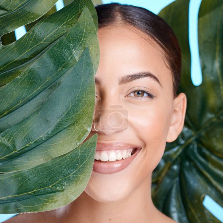 Photo for Beauty, skincare and jungle with leaf woman for product, tropical and luxury treatment. Exotic, facial and cosmetics with portrait of girl model and natural face for wellness, glow and forest plant. - Royalty Free Image