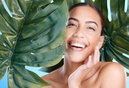 Beauty, leaf and nature, face with woman and skincare portrait, natural cosmetics with vegan, organic and eco friendly cosmetic care. Facial, healthy skin and wellness, dermatology and plant product