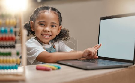 Photo for Mockup laptop, e learning portrait and child pointing at digital mock up screen for marketing, advertising or product placement. Remote education, homeschool and student girl study with math software. - Royalty Free Image