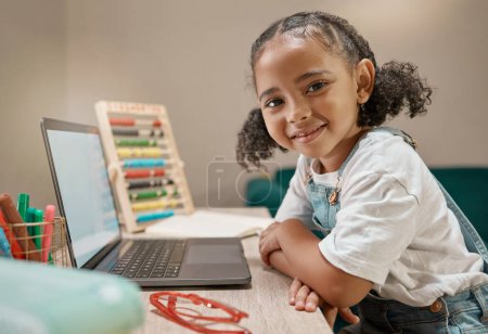 Photo for E learning, portrait and child with mockup laptop for covid distance education, youth development or online home school. Elearning, mock up screen or African student girl study with math software app. - Royalty Free Image