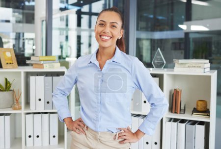 Photo for Portrait, business woman and human resources with office management, payroll success and employee excellence smile for corporate career. Professional, trust and leadership of happy woman in workplace. - Royalty Free Image