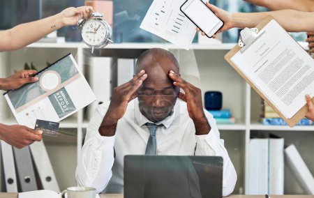 Photo for Headache, stress and businessman with documents in hands for time management, office administration and project proposal anxiety. Burnout, mental health or tired black manager on a laptop with chaos. - Royalty Free Image