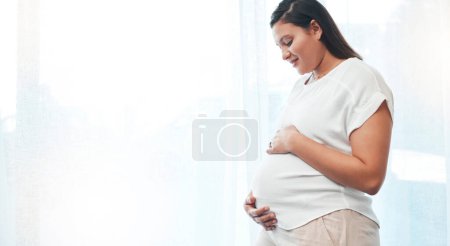 Foto de Mujer embarazada, estómago y espacio de maqueta de la madre emocionada por su futuro bebé. Embarazo, bienestar y maternidad saludable de señora feliz, abdomen y cuerpo para la fertilidad, nacimiento y ginecología médica. - Imagen libre de derechos