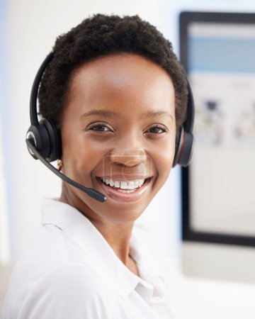 Photo for Portrait, happy or call center black woman for telemarketing success, customer support or contact us. Sales advisor, CRM smile or consultant employee girl for motivation, happiness or consulting deal. - Royalty Free Image