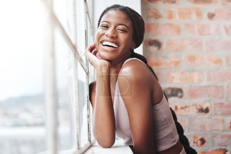 Photo for Fitness, black woman and happy laughing by window in gym for training motivation, workout wellness and sports rest. Happy, african woman smile and exercise for comic joke or healthy cardio portrait. - Royalty Free Image