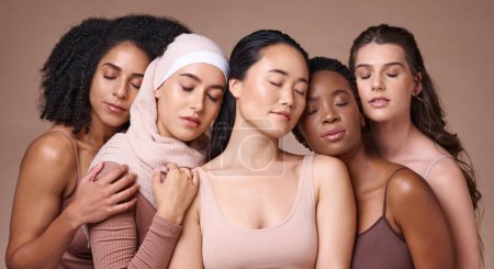 Photo for Women, diversity and relax global model group feeling calm about skincare, beauty and skin glow. Cosmetic, facial and dermatology wellness of models resting together showing cosmetics community. - Royalty Free Image
