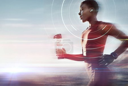 Photo for Black woman, water bottle or running earphones for futuristic motivation, sound waves or energy field. Fitness, sports athlete or runner listening to fitness radio podcast for nature workout training. - Royalty Free Image