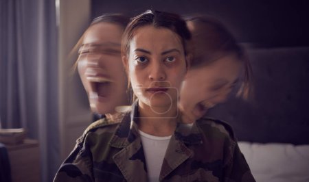 Photo for Bipolar, schizophrenia and military woman with PTSD, war stress and tired from mental health problem. Anxiety, screaming and portrait of a soldier with insomnia, trauma and angry from battle in home. - Royalty Free Image