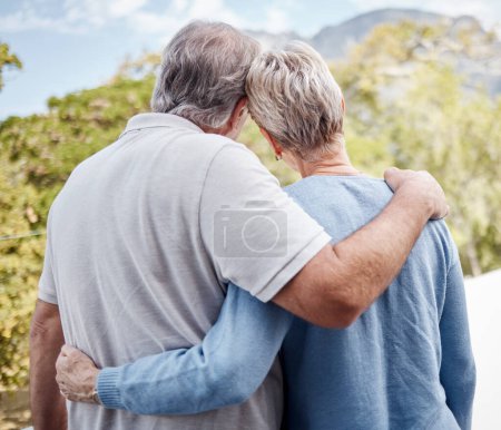 Photo for Love, back and senior couple hug outdoor, bonding and cuddle. Romance, retirement and support of elderly man and woman hugging, embrace with affection and enjoying quality time together on holiday - Royalty Free Image
