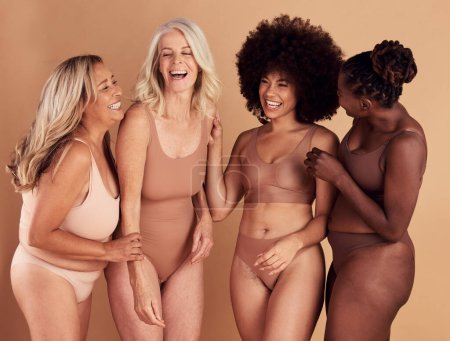 Photo for Beauty, diversity group and body positive women, girl or people happy together in solidarity, support and self love. Woman empowerment, pride and underwear friends confident with their shape size. - Royalty Free Image