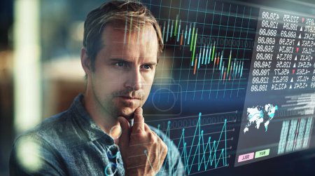 Financial overlay, trading and man analyzing charts for cryptocurrency or forex data on a hologram. Focus, finance and professional male trader studying digital exchange rate graphs for investment