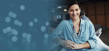 Mock up, portrait or business woman with a happy smile, leadership or goals for job and career success. Face, bokeh banner or office employee with growth mindset, marketing knowledge or motivation.