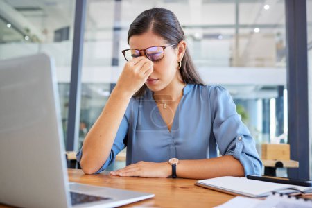 Photo for Stress headache, burnout and woman in office overwhelmed with workload at desk with laptop. Frustrated, overworked and tired woman with computer at startup, anxiety from deadline time pressure crisis. - Royalty Free Image