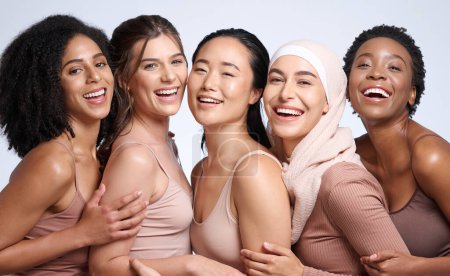 Photo for Portrait, beauty and diversity with woman friends in studio on a gray background together for inclusion. Happy, smile and solidarity with a model female group posing to promote real equality. - Royalty Free Image