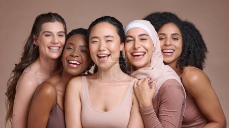 Happy, portrait and women with diversity and beauty, friends together and inclusion, pride in different skin and studio background. Skincare, glow and empowerment with multicultural models